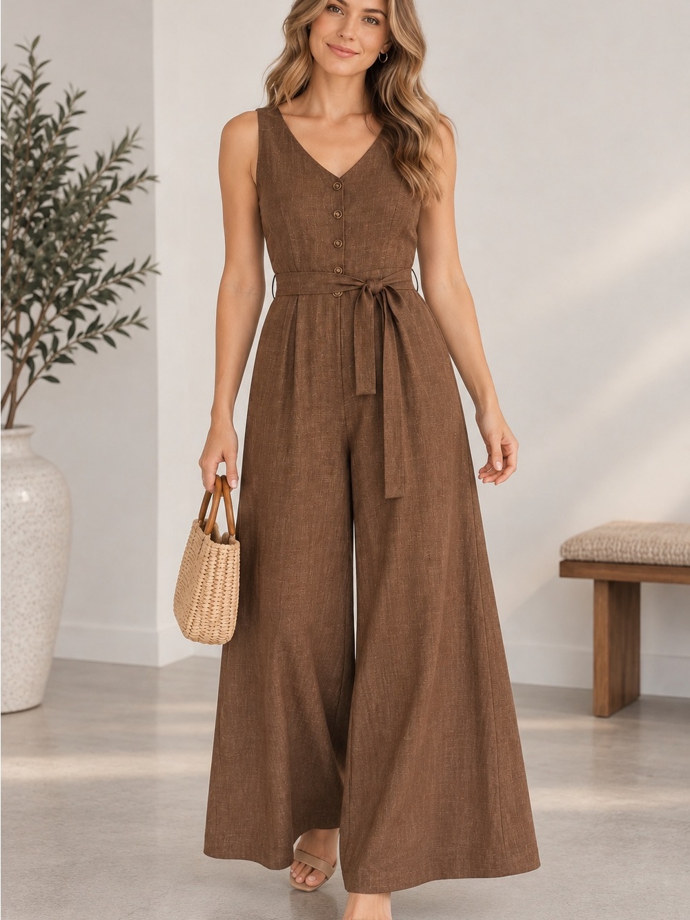 NWT En Focus Studio Brown Wide Leg Jumpsuit Belted Women’s Size 8